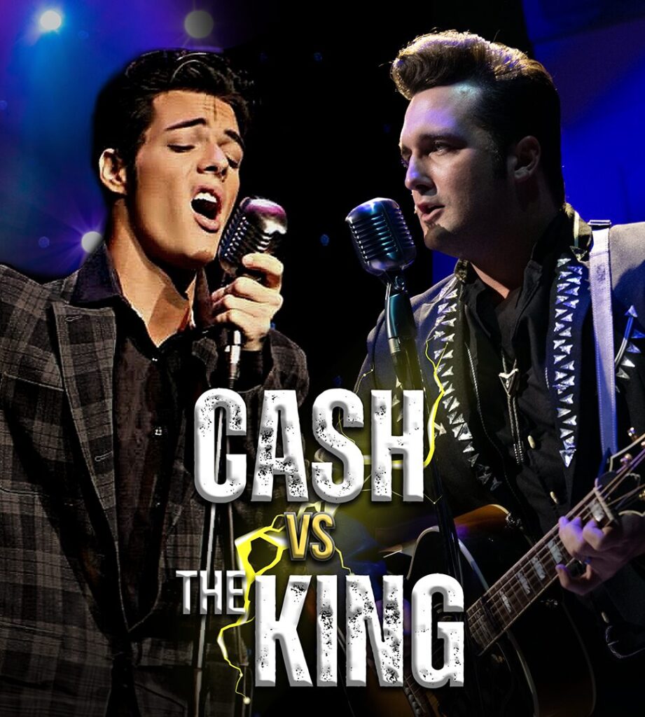 Two actors portraying Elvis Presley and Johnny Cash sing into microphones overlayed with the text "Cash vs The King", a show playing in Medora, North Dakota