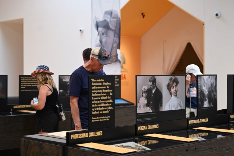 Visitors view the artifacts and items in the gallery.